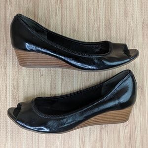 Cole Haan Nike Air Sole Black Wedge Open Toe Heels